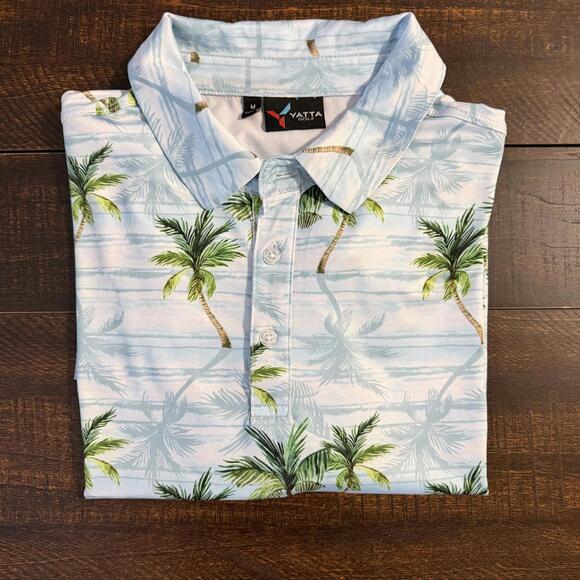 YATTA GOLF Palm Tree Performance Polo Shirt Men's Medium Light Blue Tropical - Picture 3 of 10